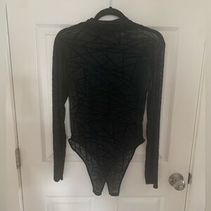 Black Geometric Long Sleeve Sheer Bodysuit